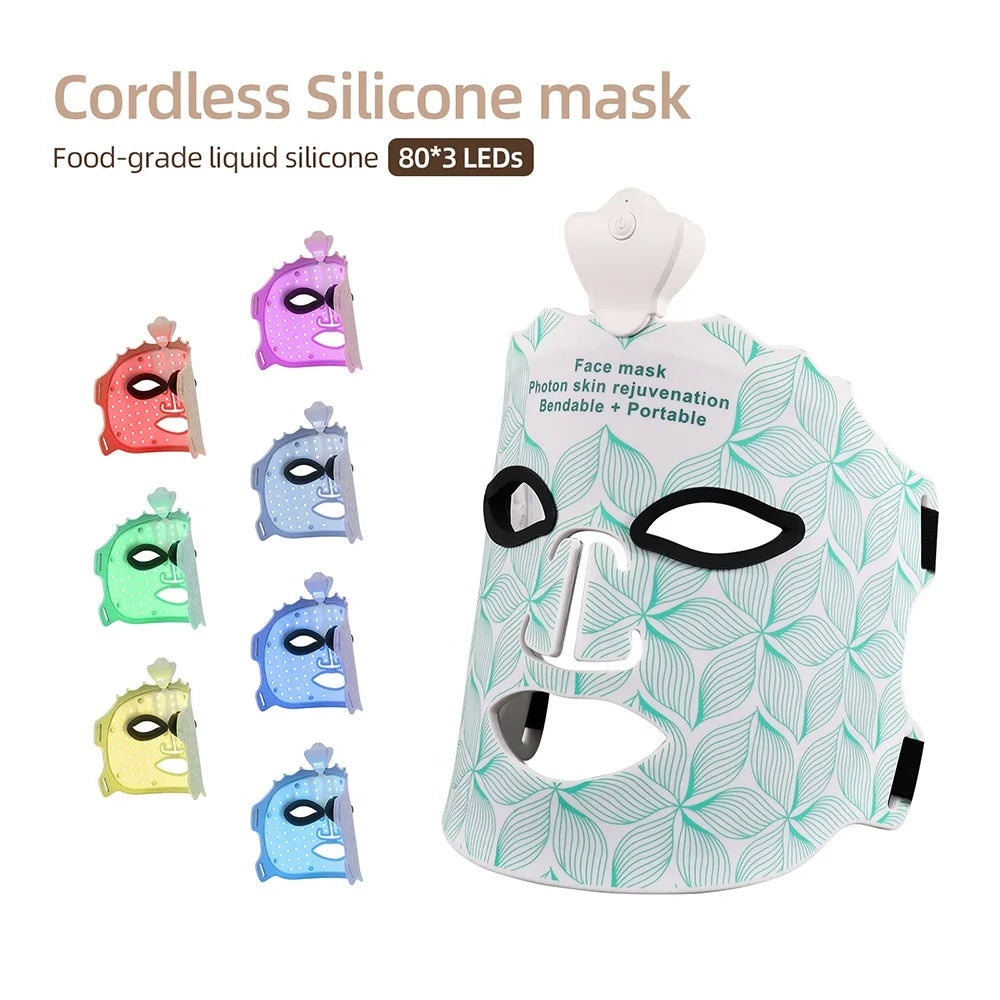 7-Color Photon Silicone LED Face Mask — 3D Facial Beauty Device with Red Light Therapy for Skin Repair & Brightening, Wireless Use