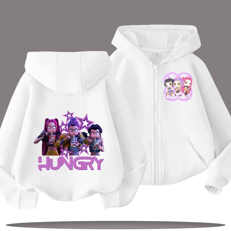Funny Kpop Demon Hunters Zip-Up Sweatshirt – Kids Hoodie for Girls & Boys, Casual Zipper Hoody Top