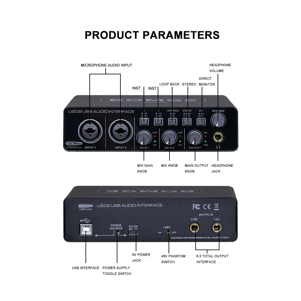 BOMGE U202 USB Audio Interface – Mic Preamplifier with XLR/TS/TRS Ports, 48V Phantom Power, 32-Bit/192kHz for Computer Recording & Streaming