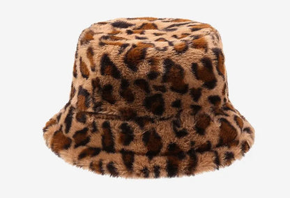Women’s Winter Leopard Print Fisherman Hat – Versatile Plush Bucket Hat, Warm Pot-Style Headwear