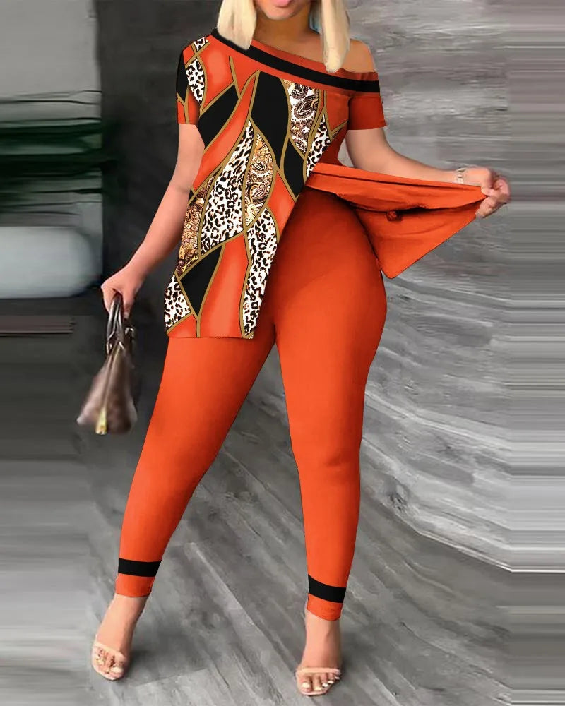 Elegant Women’s Two-Piece Set – Printed Ruffle Sleeve Top & Solid Color Pants with Belt