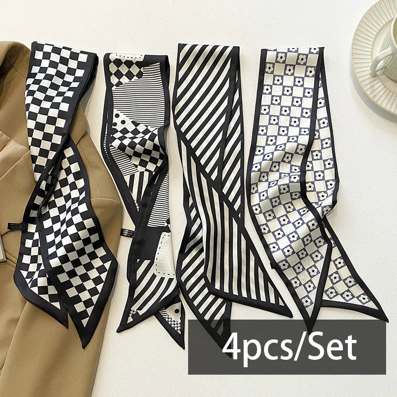 4pcs Silk Satin Scarves for Women – Hair Bands, Neck Ties & Bag Accessories