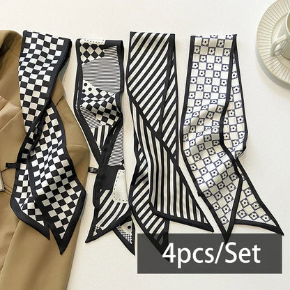 4pcs Silk Satin Scarves for Women – Hair Bands, Neck Ties & Bag Accessories