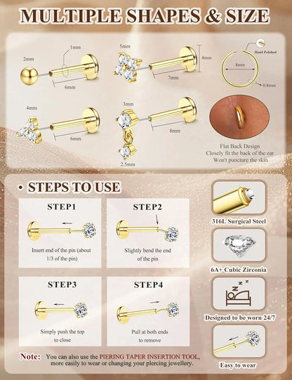 14K Gold Plated CZ Flat Back Stud Earrings – 316L Surgical Steel Threadless Nose, Helix & Cartilage Piercing Jewelry