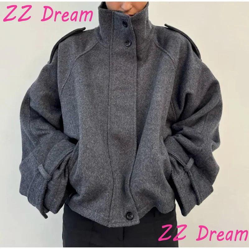 Women’s Short Woolen Coat - Stand Collar Loose Zipper Jacket for Spring Autumn Fashion Outerwear