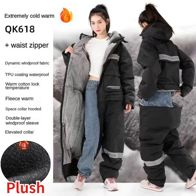 Winter Waterproof Windproof Motorcycle & Ski All-in-One Suit — Thick Plush Cold-Proof Riding Jacket