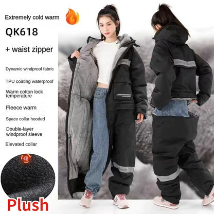 Winter Waterproof Windproof Motorcycle & Ski All-in-One Suit — Thick Plush Cold-Proof Riding Jacket
