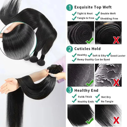 Bone Straight 100% Human Hair Bundles – 30" 40" 50" Brazilian Virgin Hair Extensions, Double Weft, Natural Black
