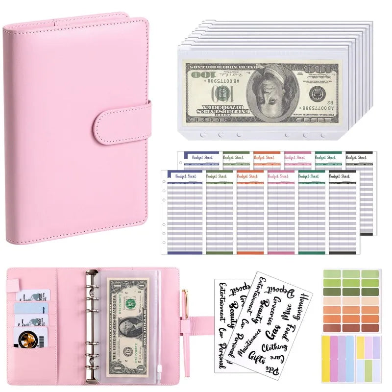 PU Leather Budget Binder with Cash Envelopes – A6 Planner Organizer, Zip Pockets for Saving Money, Small French Budget Pouch