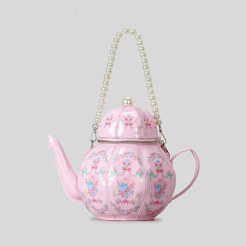 Creative Vintage Printed Teapot Design Women’s Handbag – Pearl Chain Luxury Small Bucket Crossbody Bag