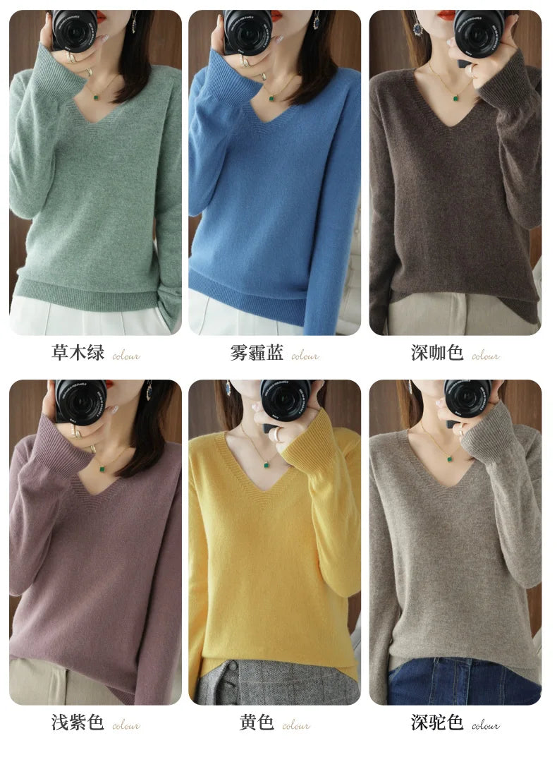New Women’s Cashmere V-Neck Pullover – Lace Hollow Out Long Sleeve Knitted Sweater for Fall & Winter