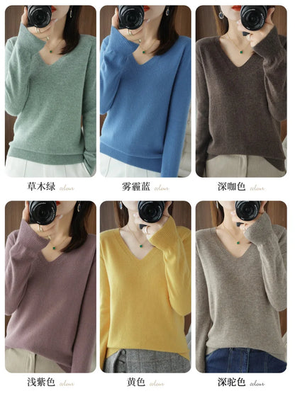 New Women’s Cashmere V-Neck Pullover – Lace Hollow Out Long Sleeve Knitted Sweater for Fall & Winter
