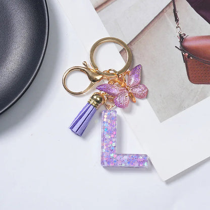 A-Z Initial Letter Sequin Keychain - Purple Butterfly Tassel Resin Keyring Backpack Charm Gift