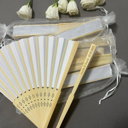 20/50/80 Personalized Engraved White Folding Paper Fans - Elegant Wedding Party Fan with Gift Bag & Organza