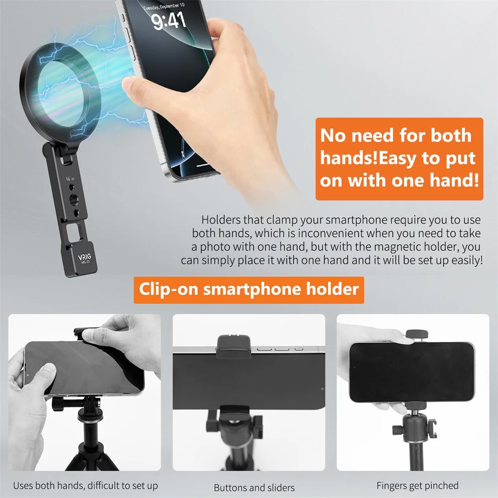 VRIG Magnetic Phone Holder Stand – MagSafe Cold Shoe Tripod Mount with 1/4” Screw for iPhone & Android, Desktop Vlog & Live Streaming