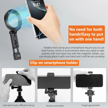 VRIG Magnetic Phone Holder Stand – MagSafe Cold Shoe Tripod Mount with 1/4” Screw for iPhone & Android, Desktop Vlog & Live Streaming