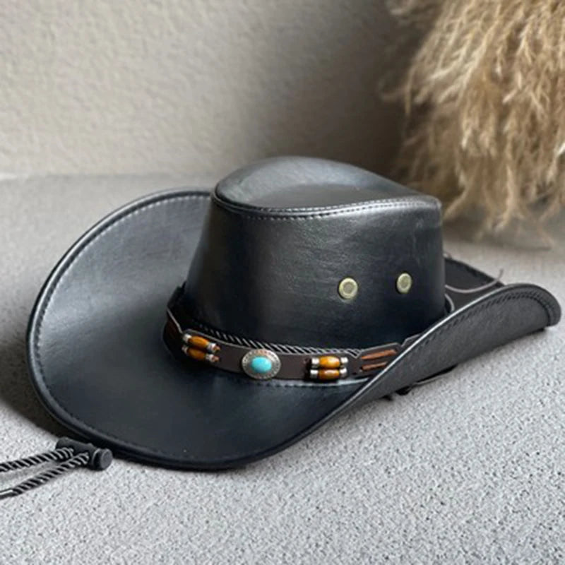 Faux Leather Western Cowboy Hat — Vintage Panama Sombrero Jazz Cap for Men & Women