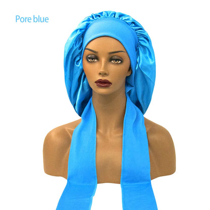 Satin Nightcap for Women - Wide Stretch, Extra-Large Long Tail, Shower Cap with Ribbon, Round Hat Hair Bonnet