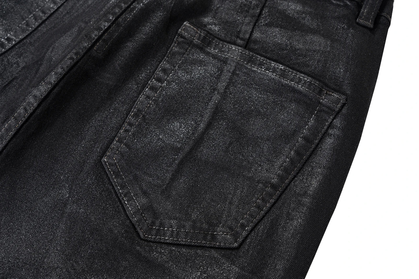 Men’s Streetwear Black Wax Leather Stretch Jeans — Baggy Y2K Flare Oversized Straight Denim Trousers