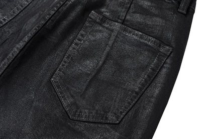 Men’s Streetwear Black Wax Leather Stretch Jeans — Baggy Y2K Flare Oversized Straight Denim Trousers