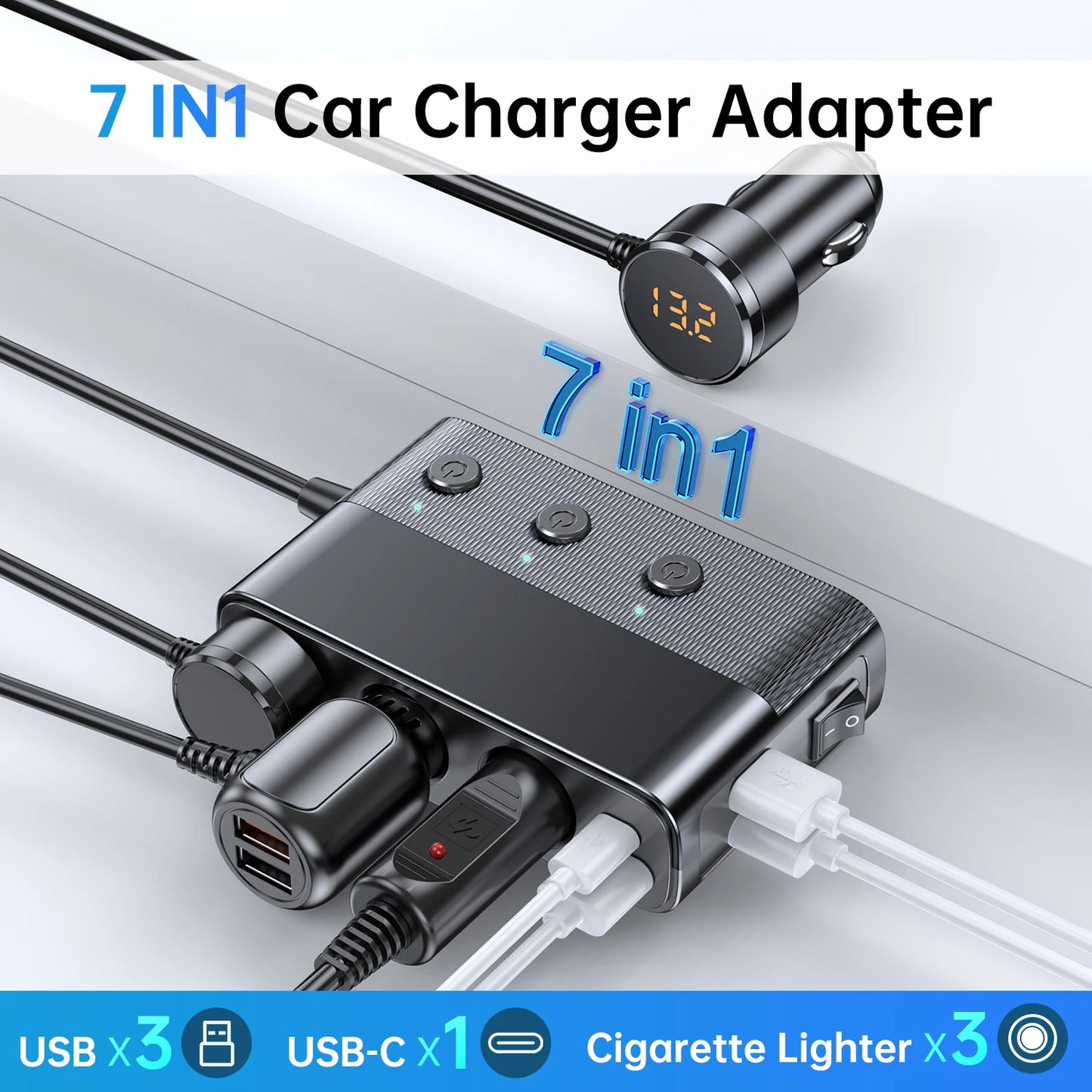 New 127W 7-in-1 Car Charger Splitter: PD30W QC3.0 Cigarette Lighter Adapter - Socket Splitter with Switch, Car Cigarette Lighter Accessory
