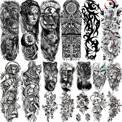 Full Arm Temporary Tattoo Sleeve - Realistic Warrior Lion Tiger Flower & Maori Design Fake Tattoos