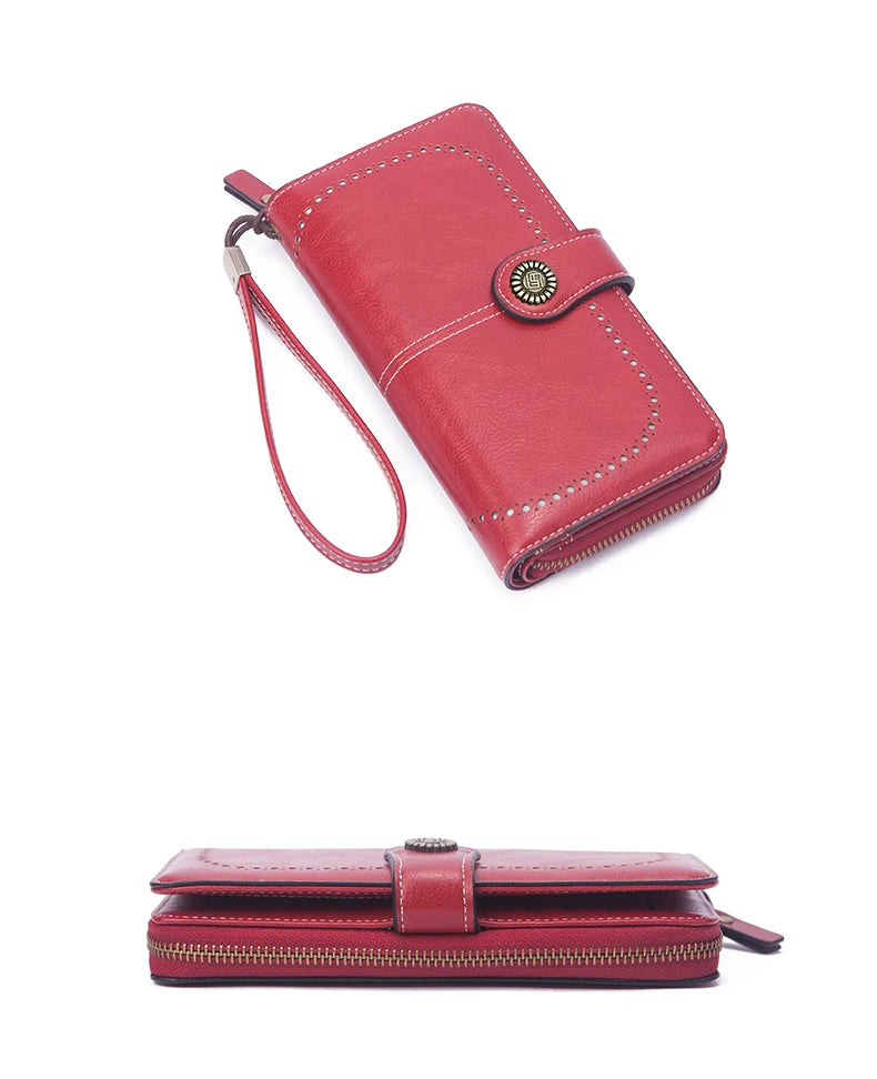 Vintage Large Capacity Women's Purse – Monochromatic Multi-Card Long Wallet with Zipper & Wrist Strap