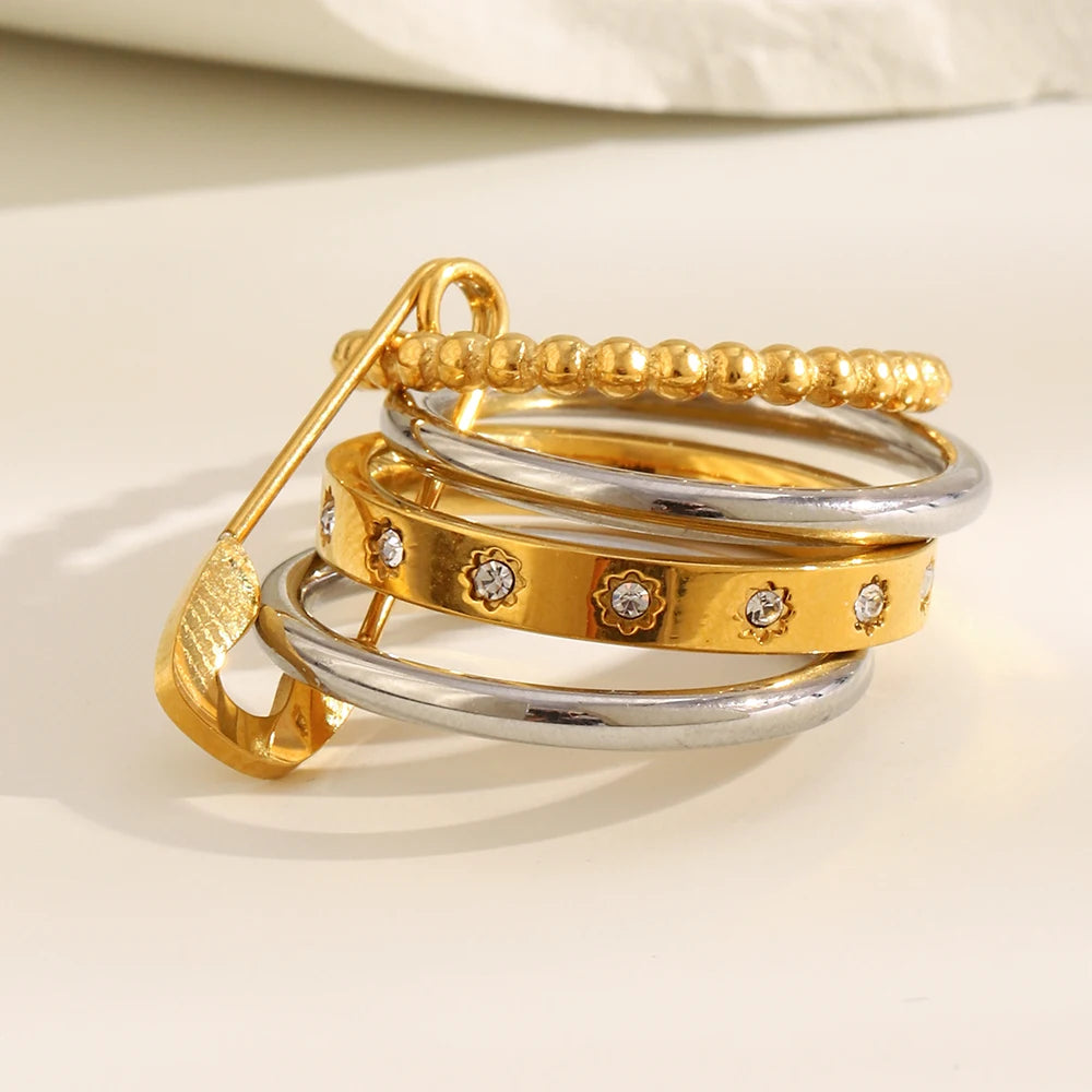 La. Muses 4-Layer Zircon Bead Stainless Steel Women’s Ring with Pin Loop Buckle – Trendy PVD Jewelry Gift