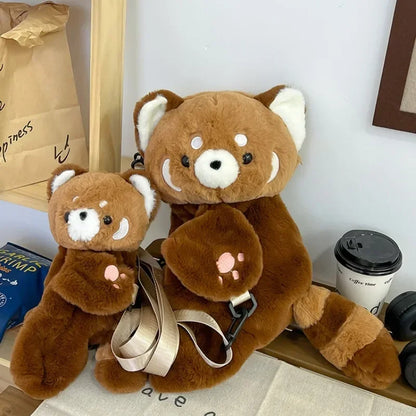 Red Panda Plush Backpack, Cute Plushie Doll Crossbody, Soft Fur Shoulder Bag for Women, Camping, Travel, Party, Birthday Gift