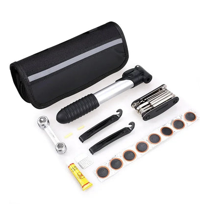 Multifunctional Bicycle Repair Kit – Pump, Tire Patch, Lever & Tools for Road Bike Maintenance