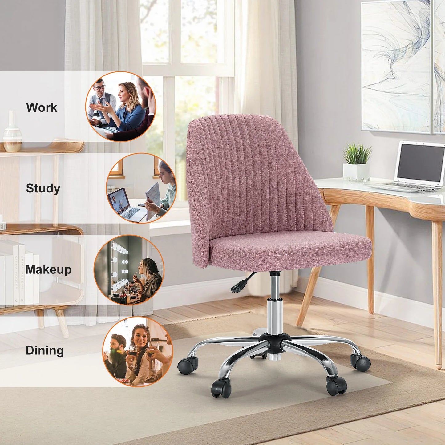 Armless Small Desk Chair – Cute Vanity Swivel Chair with Back, Fabric Upholstery & Wheels for Home & Gaming