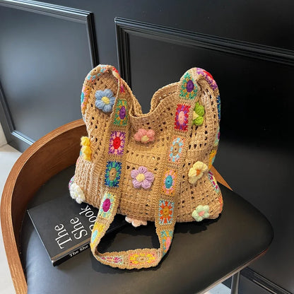 Women’s Boho Crochet Tote Bag – Floral Knitted Large Capacity Beach Shoulder Bag Summer Woven Shopper Handbag