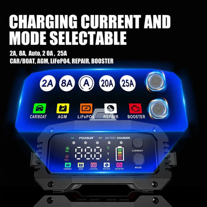 Portable 25A/15A Smart Car Battery Charger — 12V/24V AGM, GEL, LiFePO4 Motorcycle & Car Booster with Pulse Repair