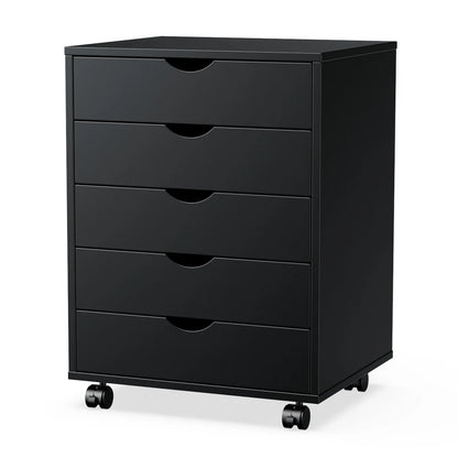 Wood Nightstand Cabinet with 5 Drawers – Waterproof Surface Storage Organizer with Rotating Wheels, Easy-Move Bedside Table for Office
