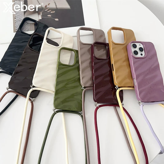 Glossy Wave Ripple Crossbody Lanyard Phone Case for iPhone 17/16/15 Pro Max Air 14 13 12 11 XR X 8 7 - Soft Silicone Protective Cover with Strap