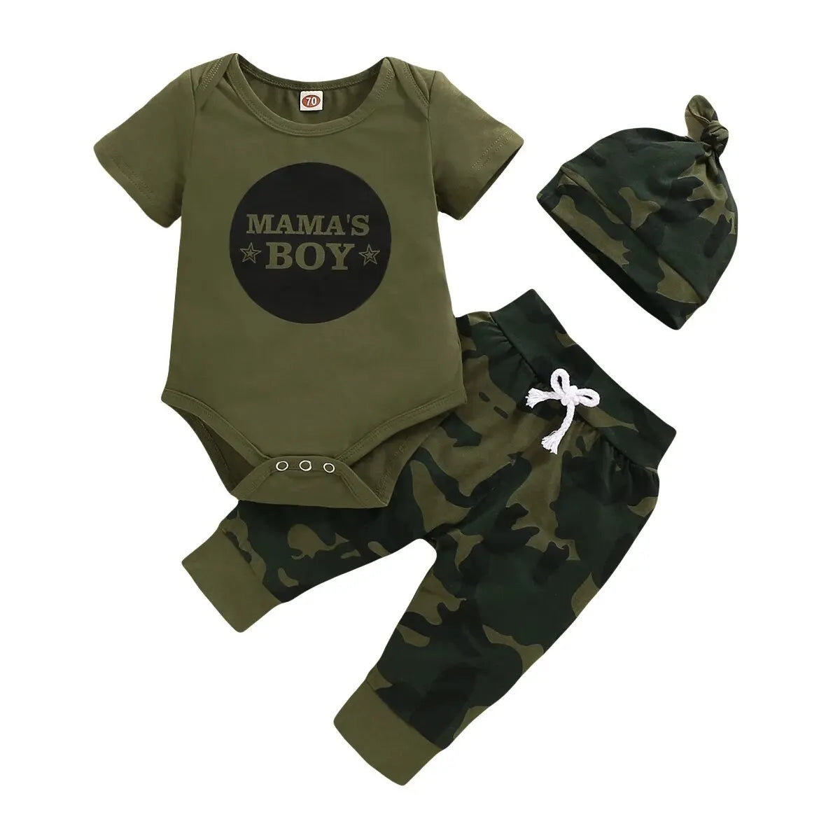 Newborn Baby Boy Summer Outfit – 3pcs Set with Letter Romper, Camouflage Pants & Hat, 0-18 Months