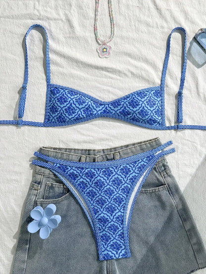 Floral Print High Leg Bikini Set - Women's Two Piece Swimsuit High Cut Beach Swimwear