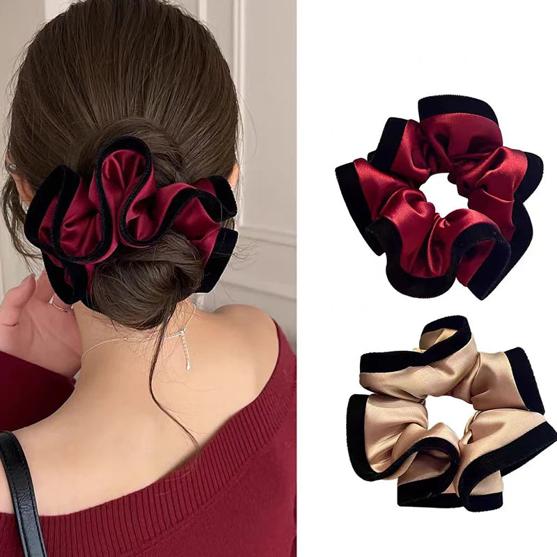 Velvet-Edged Satin Bloom Scrunchie - Elegant Hair Tie for Everyday Style
