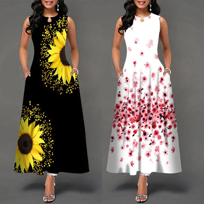 Women’s Loose Floral Vintage Maxi Dress – Ruffled Hole Summer Camis Big Size Elegant Party Dress