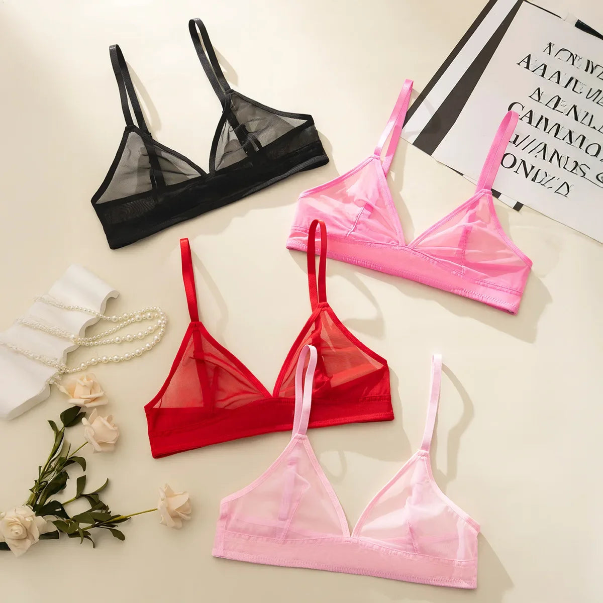 Sheer Mesh Triangle Bra Set - Ultra-Thin Transparent Lingerie with Double Shoulder Straps
