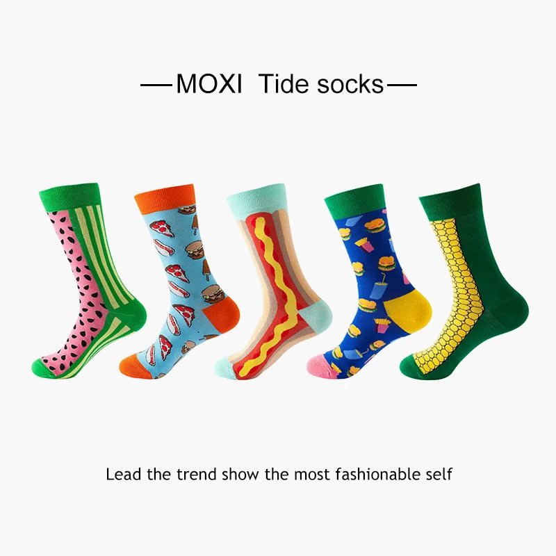 5-Pair Men’s Cotton Sports Socks Pack - Hip Hop Harajuku Pastel Print Long Tube Running Casual Socks