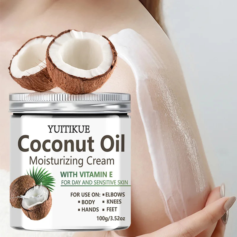 Coconut Oil Moisturizing Cream with Vitamin E - Day & Sensitive Skin Care for Hands, Feet, Elbows & Knees 100g