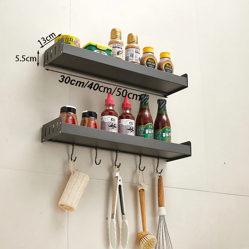 Wall-Mounted Kitchen Spice Rack Organizer with Hanging Hooks – Kitchen Storage Shelf for Condiments