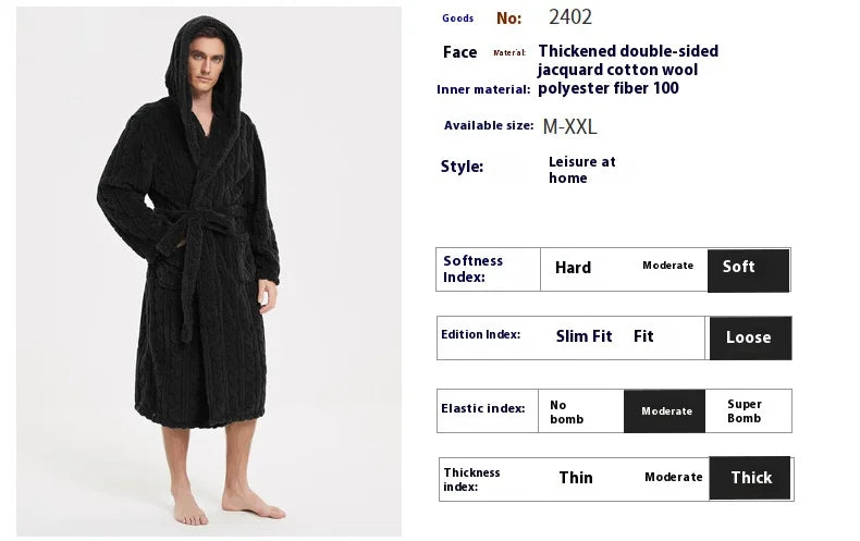Men’s Fall & Winter Warm Hooded Robe – Thickened Cotton Velvet Jacquard Homewear for Couples