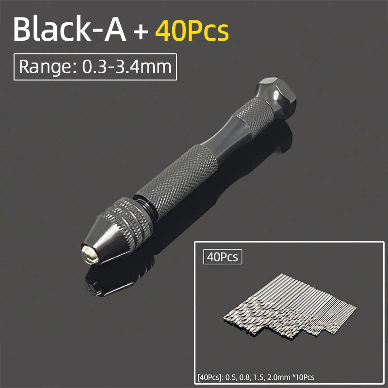 Mini Aluminum Hand Drill 0.3–3.4mm – Keyless Chuck Micro Rotary Tool with HSS Twist Drill Bit Set for Wood & DIY Crafts