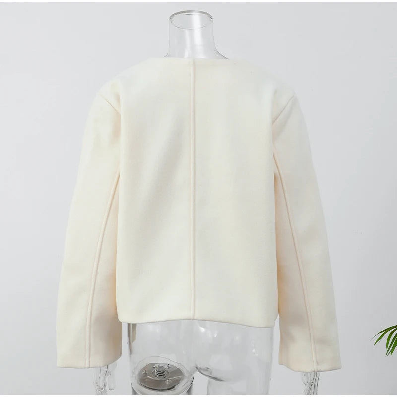 2024 Women's Elegant Solid Wool Blend Cardigan Coat – Round Neck, Single Button, Long Sleeve High Street Outwear