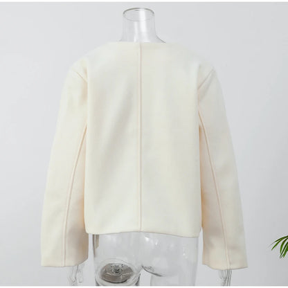 2024 Women's Elegant Solid Wool Blend Cardigan Coat – Round Neck, Single Button, Long Sleeve High Street Outwear