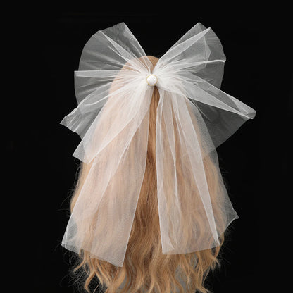 White Tulle Bow Veil Hairpin with Pearls – Elegant Bridal & Bachelorette Hair Clip for Weddings, Parties, and Gifts