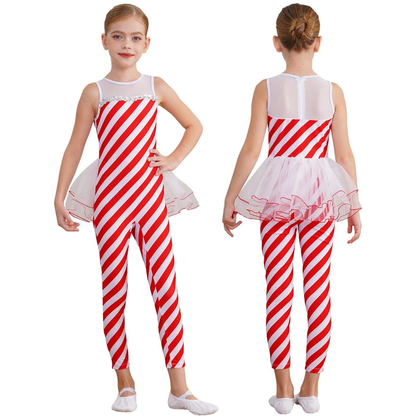 Kids Candy Cane Striped Christmas Tutu Leotard — Sequined Santa Bodysuit for Ballet & Gymnastics