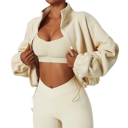 Women's Polar Fleece Zip Hoodie — Athletic Loose-Fit Crop Top with Stand Collar, Thumb Holes & Drawstring Hem for Fall/Winter
